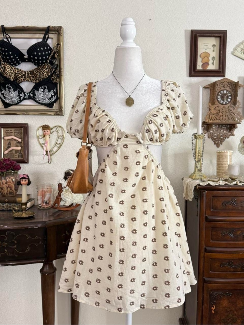 Ivory Floral Cutout Mini Dress - Puff Sleeve